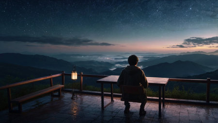Woman sitting on a terrace in the mountains and looking at the night skyの写真素材