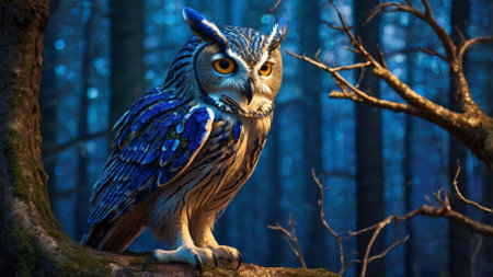 Beautiful owl in the forest at night. Stylized photo.の写真素材