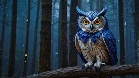 Owl on a tree branch in the dark forest. 3D renderingの写真素材
