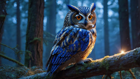 Beautiful owl sitting on a tree branch in the forest at night