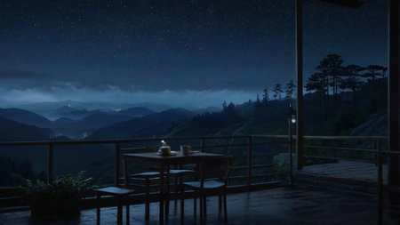 Beautiful night view of the mountain landscape with a cup of coffee.の写真素材