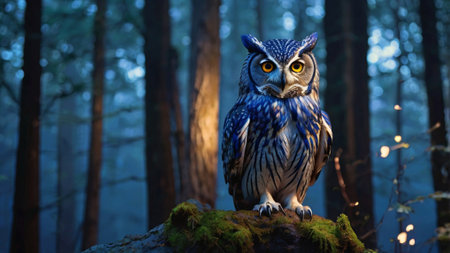 Owl sitting on a rock in the dark forest at night.の写真素材