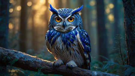 Beautiful owl sitting on a branch in the forest at sunset.の写真素材
