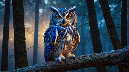 Owl sitting on a branch in a dark forest at night.の写真素材