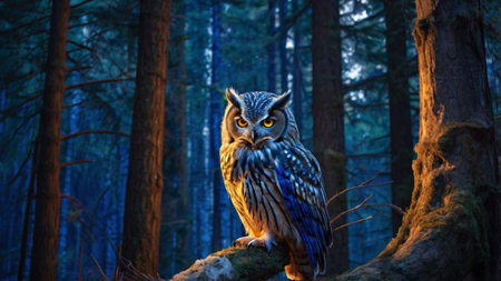 Great horned owl in the forest at night. Wildlife scene from nature.の写真素材