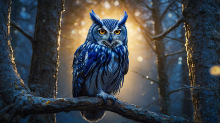Beautiful owl sitting on a tree branch in the forest at sunsetの写真素材