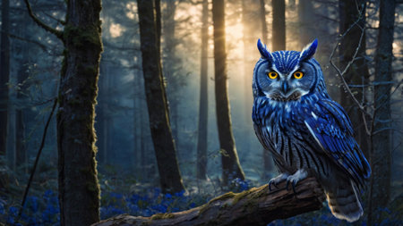 Eurasian eagle owl in the winter forest. 3d renderの写真素材