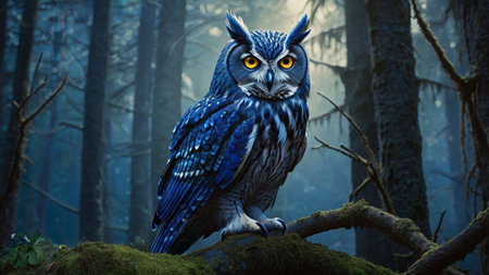 Beautiful owl in the forest. Night scene with owl in the woodの写真素材
