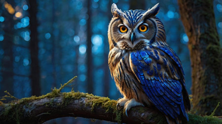 Beautiful owl sitting on a branch in the forest at night.の写真素材