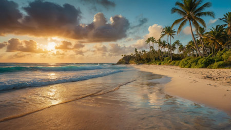 Tropical beach with palm trees at sunset, Seychellesの写真素材