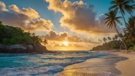 Panorama of beautiful tropical beach Anse Lazio at sunset, Praslin, Seychellesの写真素材