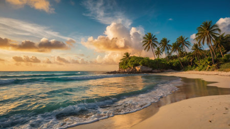Panoramic view of beautiful tropical beach at sunset, Seychellesの写真素材