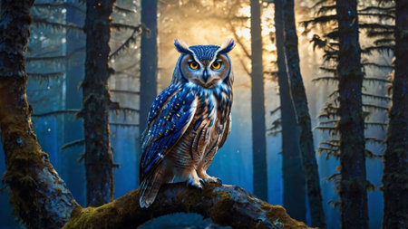 Eurasian eagle owl in the forest at night, 3d illustrationの写真素材