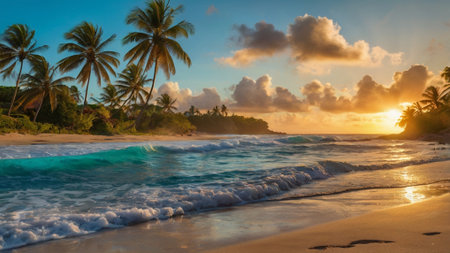 Tropical beach with coconut palm trees at sunset, Seychellesの写真素材