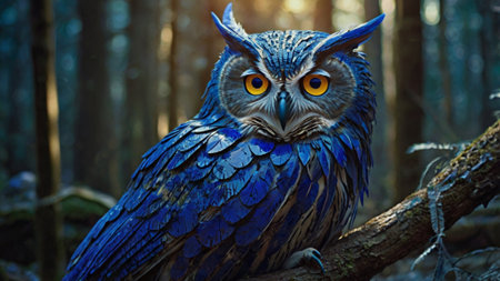 Beautiful owl sitting on a tree branch in the forest. Close-up.の写真素材