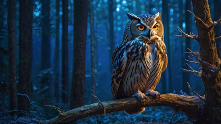 Beautiful owl sitting on a branch in the forest at night.の写真素材