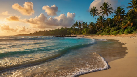 Tropical beach with palm trees at sunset in Seychellesの写真素材