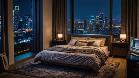 Luxury bedroom with big window and city view at night.の写真素材