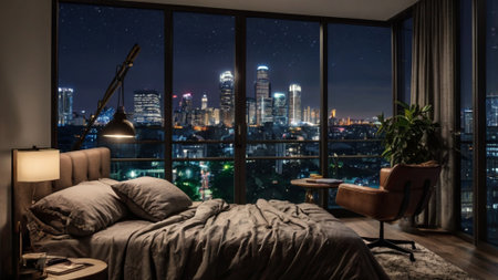 Double bed in the room with a view of the city at nightの写真素材