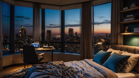 Luxury hotel room interior with big window and city view.の写真素材