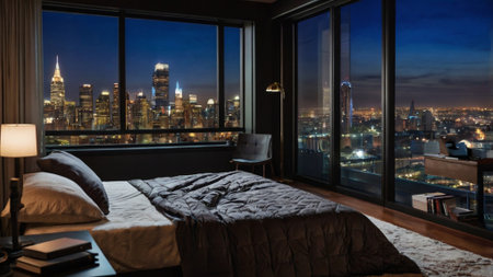 Luxury bedroom with city view at night, New York Cityの写真素材