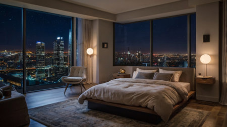 Interior of a modern bedroom with large window overlooking the city at nightの写真素材