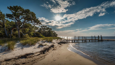 Wooden pier on the beach of the Baltic Sea in Poland.の写真素材