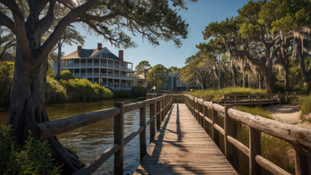Wooden walkway leading to a home surrounded by cypress trees