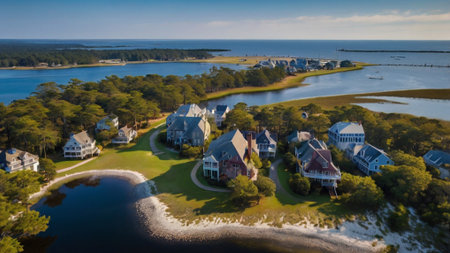 Aerial view of homes near a lake.