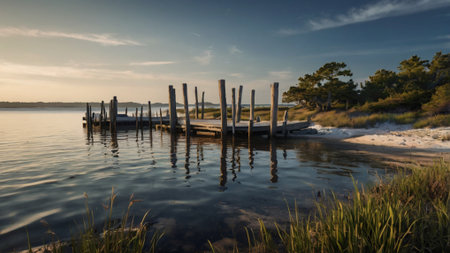 Pier on the lake at sunset. Beautiful summer landscape with blue sky and white clouds.の写真素材
