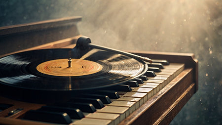 Vintage turntable with vinyl record on dark background, closeupの写真素材