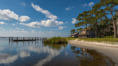 Pine trees and wooden jetty on the beach in Florida.の写真素材