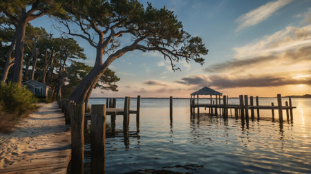 Wooden jetty in the sea at sunset, Florida, USAの写真素材