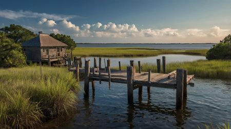 Panoramic view of an old wooden jettyの写真素材