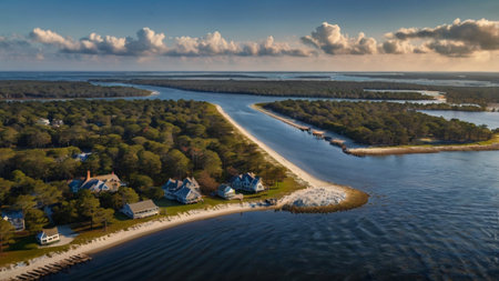 Aerial view of a small village with a beach in the middle.