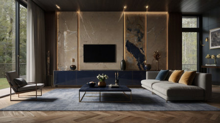Interior of modern living room 3d rendering image.There are wooden floor,wooden walls,blue sofa and...