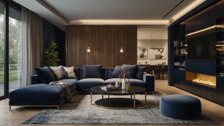 3d render of modern living room interior design with blue sofa.
