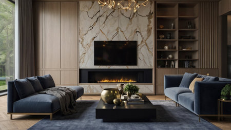 Modern living room interior design with fireplace and furniture 3D rendering.