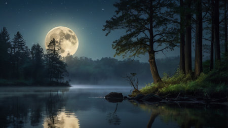 Foggy lake in the forest at night with full moon.の写真素材