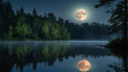 Full moon over the forest lake at night, 3d render illustrationの写真素材