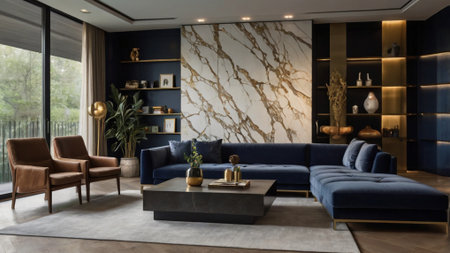 Interior of a modern living room with blue sofa and coffee table