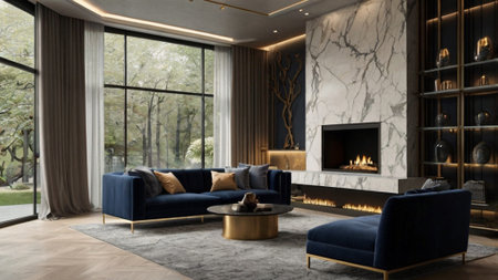 Interior of luxury living room with fireplace and sofa 3D rendering