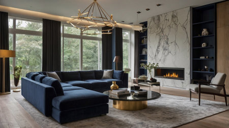 Interior of a modern living room with a blue sofa and a fireplace