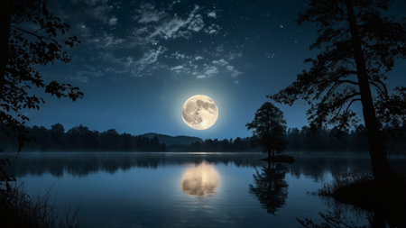 Full moon over the lake in the forest at night. 3d renderingの写真素材