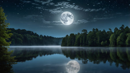 Lake in the forest at night with full moon. 3d renderingの写真素材