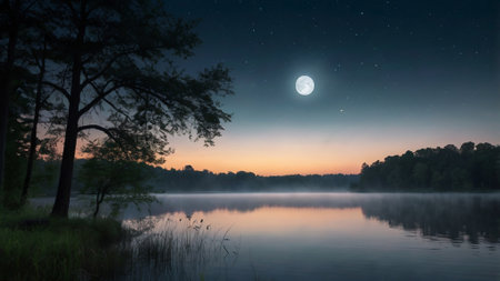 Beautiful night landscape with a lake and a full moon in the skyの写真素材
