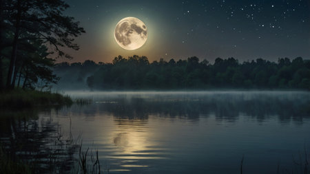 Foggy lake in the forest at night with full moon.の写真素材