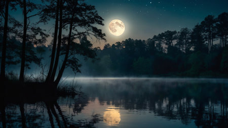 Foggy lake in the forest at night in full moon lightの写真素材