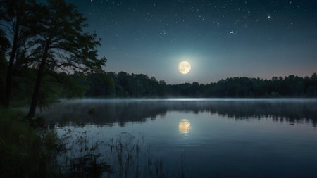 Landscape with lake and forest at night in full moon light.の写真素材