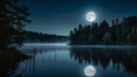 Beautiful landscape of lake in the forest at night with full moonの写真素材